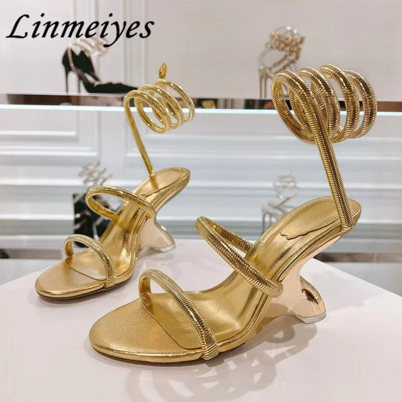 

2024 New High Heels Sandals Women Sexy Snake Twine Around Ankle Strap Runway Shoes Summer Strange Style Heels Sandals Woman