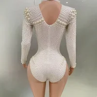 Yiling white pearl long-sleeve sexy elastic tight-fitting jumpsuit club party dress DJ female singer stage performance clothing - Image 2