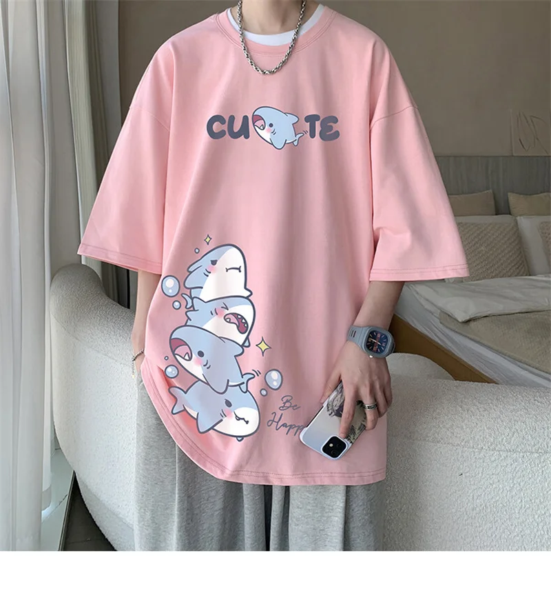 Men's Cotton T-shirts White Men Oversized T Shirt Anime Shark Print Summer Casual Wear 5XL Tee Shirts Big Size Male Clothes