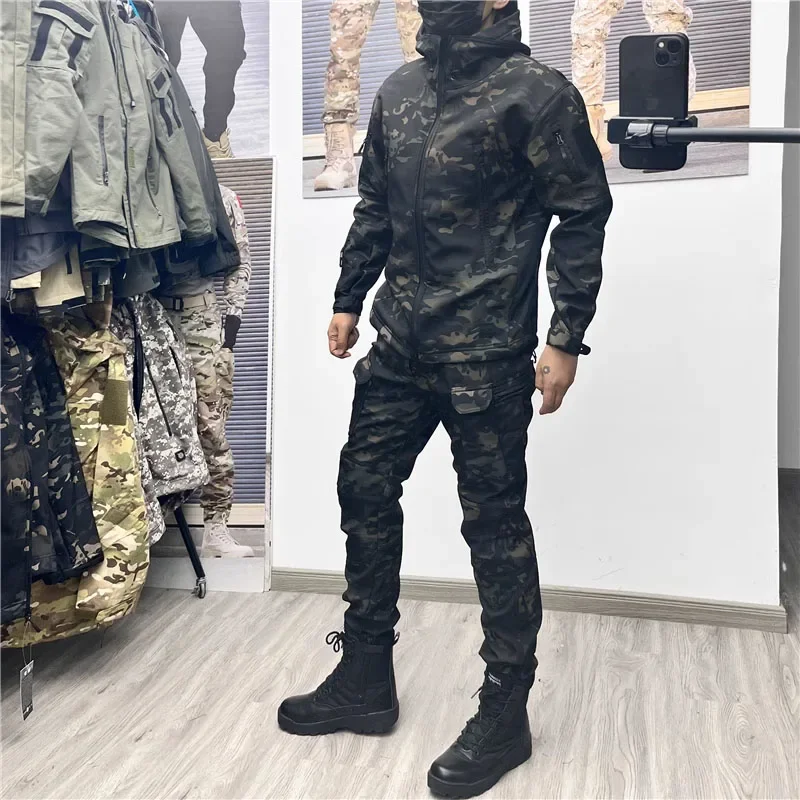 Military Uniform Hunting Men Army Soft Shell Hooded Jacket+Breathable Long Sleeve Swat Tshirts+Multi-pocket Pants Cargo Suits 5