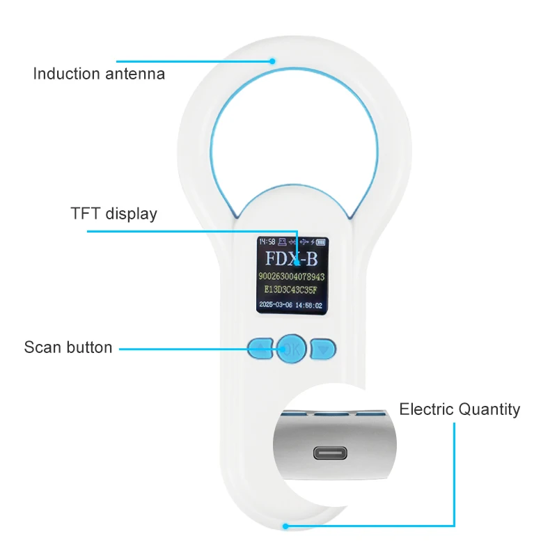 Animal RFID Reader Handheld 134.2KHz 125kHz Animal RFID Reader Pet Cat Dog Microchip Scanner FDX-B Glass Chip USB/Bluetooth Tag Reader