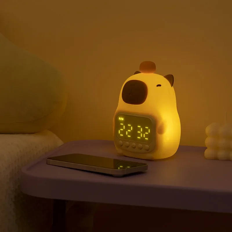 Capybara Led Night Light Silicone Rechargeable Digital Alarm Clock Dimmable Table Lamp Timing USB Charge Children Birthday Gift 5