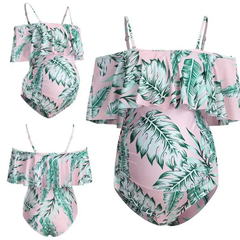 

New European and American Pregnant Women's Swimsuits Belly Support Big Ruffles One-shoulder One-piece Swimsuit Bikini