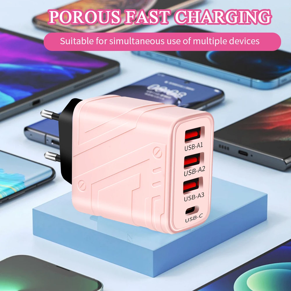 4 Ports USB Charger Quick Charge 3.0 PD Fast Charging Type C Phone Charging Adapter For iPhone 15 14 13 12Pro Max Samsung Xiaomi