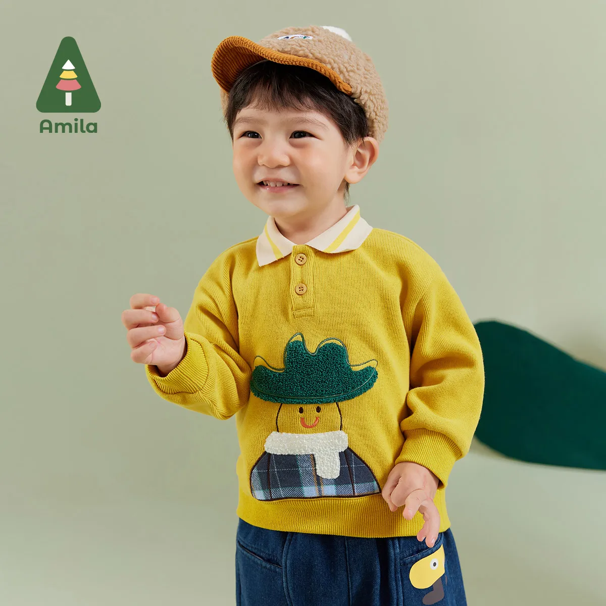 Amila Baby Boy Hoodie Winter New Multicolour Polo Collar Soft Cartoon Pattern Towel Embroidery Baby Clothing