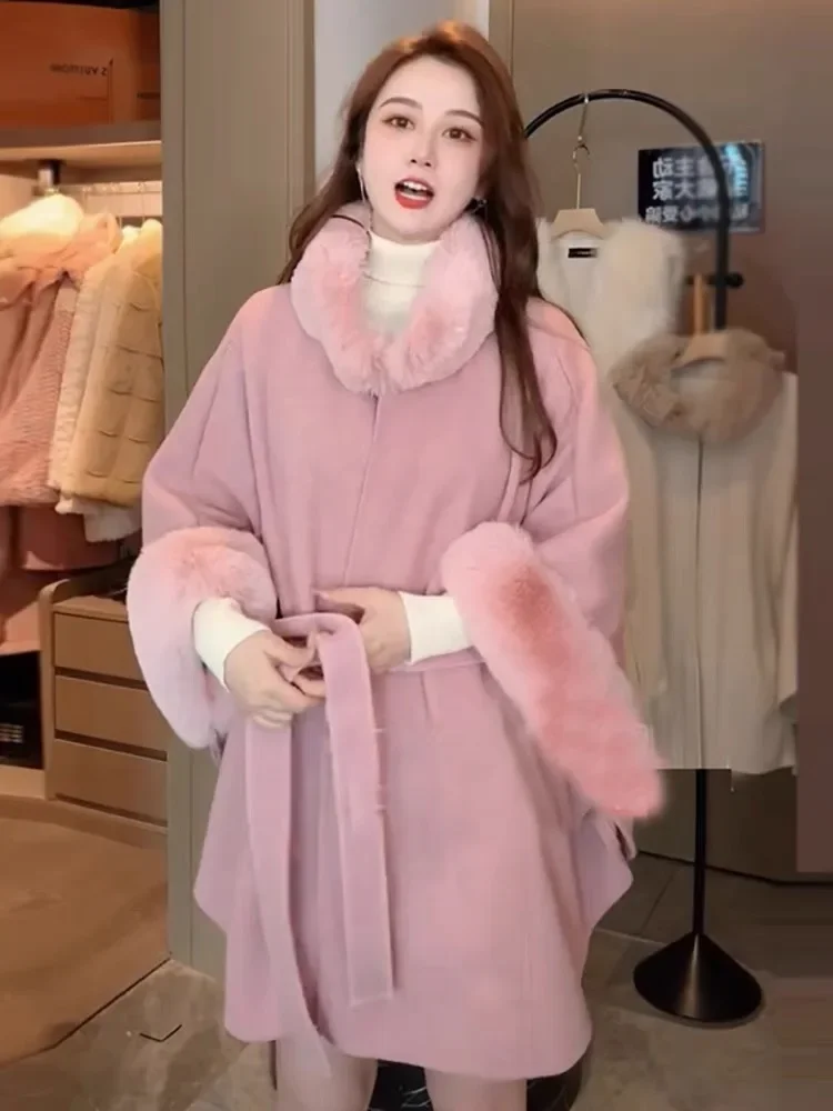 Description Picture 6 of item8 Colors Winter Streetwear Women Fake Woolen Big Pendulum Long Poncho Cloak Faux Rabbit Collar Fur Loose Oversize Coat With Belt