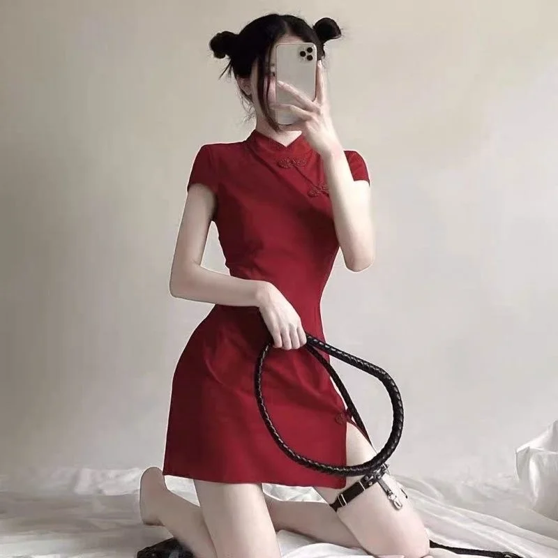 Sexy Mini Split Cheongsam Women Vintage Button Short Sleeve