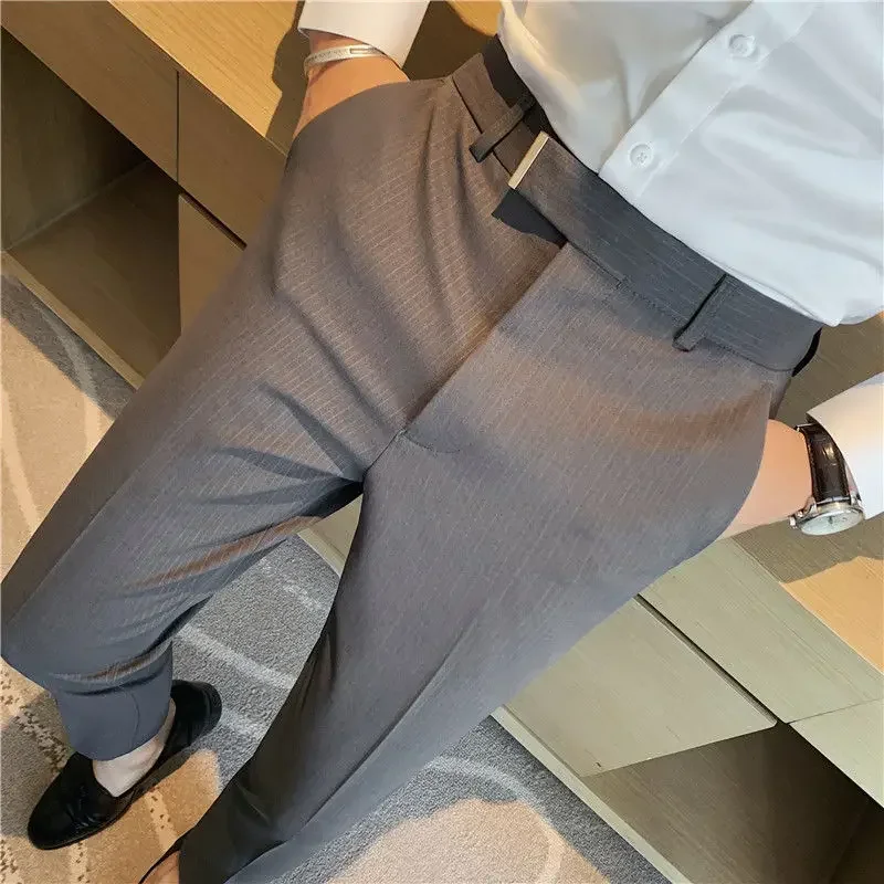 

Youth Casual Suit Pants Men's Ninth Pants Slim-Fitting Iron-Free Business Straight Ankle-Tied Suit Pants Striped Long Pants Men