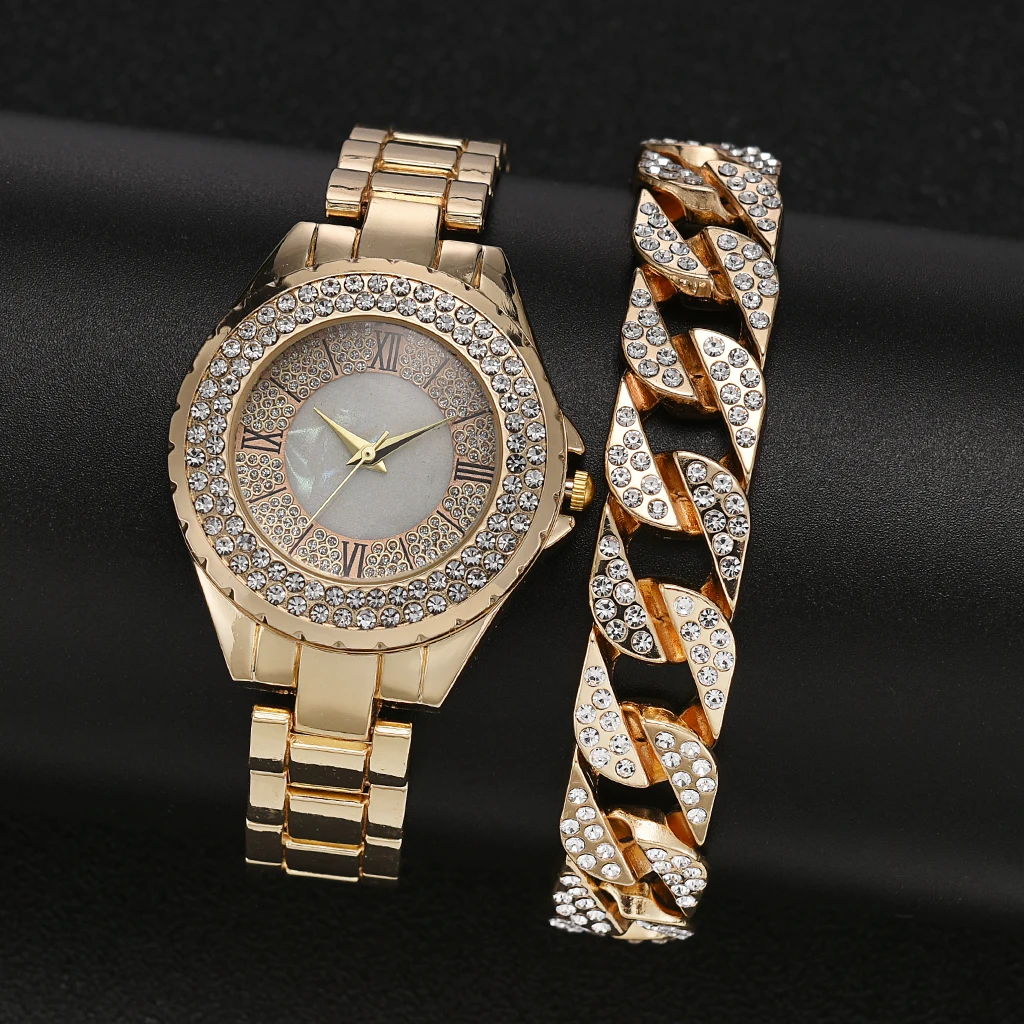 

2PCS 2022 Luxury Rhinestone Watches Set Women Crystal Quartz Bracelet Gold Watches Ladies Dress New Wristwatch Clock Relogios