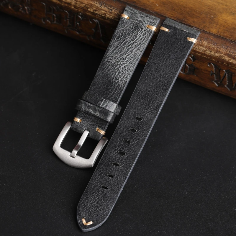 High Quality Cow Leather Watch Strap Band 18mm 19mm 20mm 21mm Retro Handmade Watchbands Gray Color Men Watch Accessories