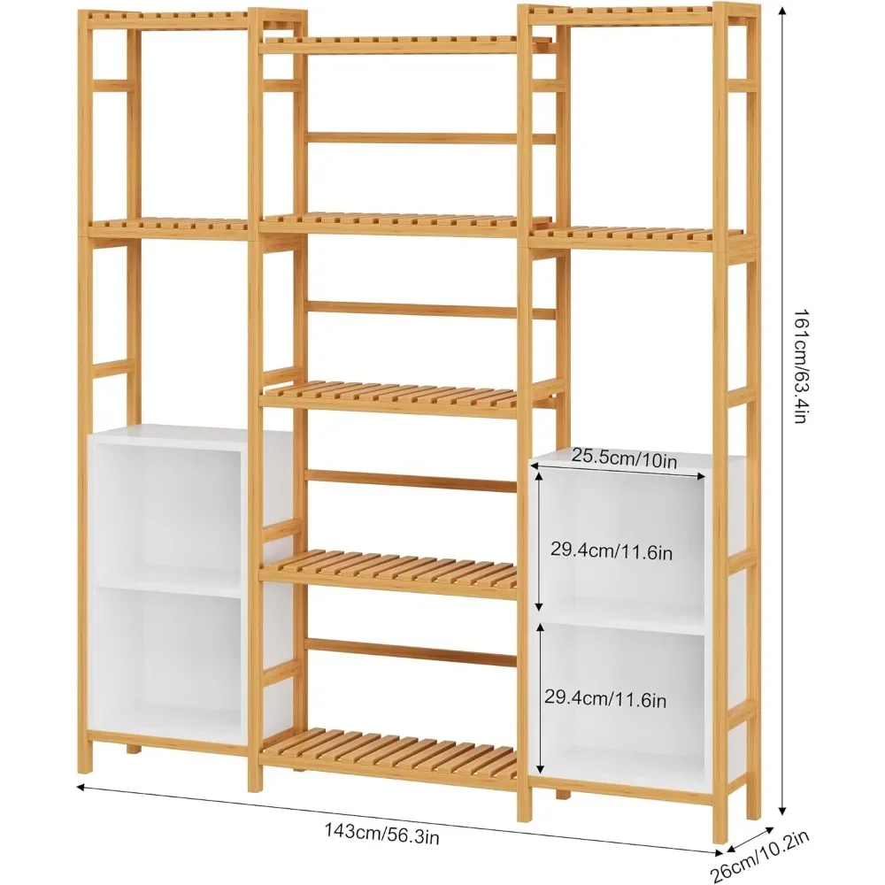 Bamboo Shelf Bookcase, Triple Wide Bookshelf with 4 Cubes & 9 Shelves, Large Bookshelf with Storage, Plant Shelf Bathroom Shelf 2