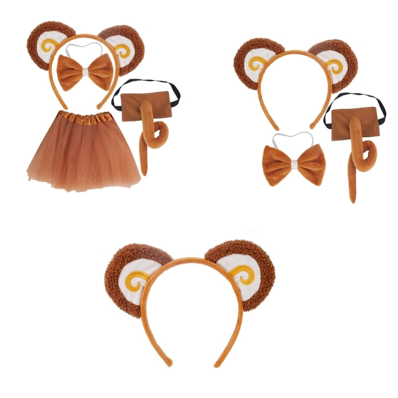 Monkey Ears Headband Tail Bow Tutu Animal Monkey Cosplay Costume for Kid Halloween Birthday Party Stage Performances