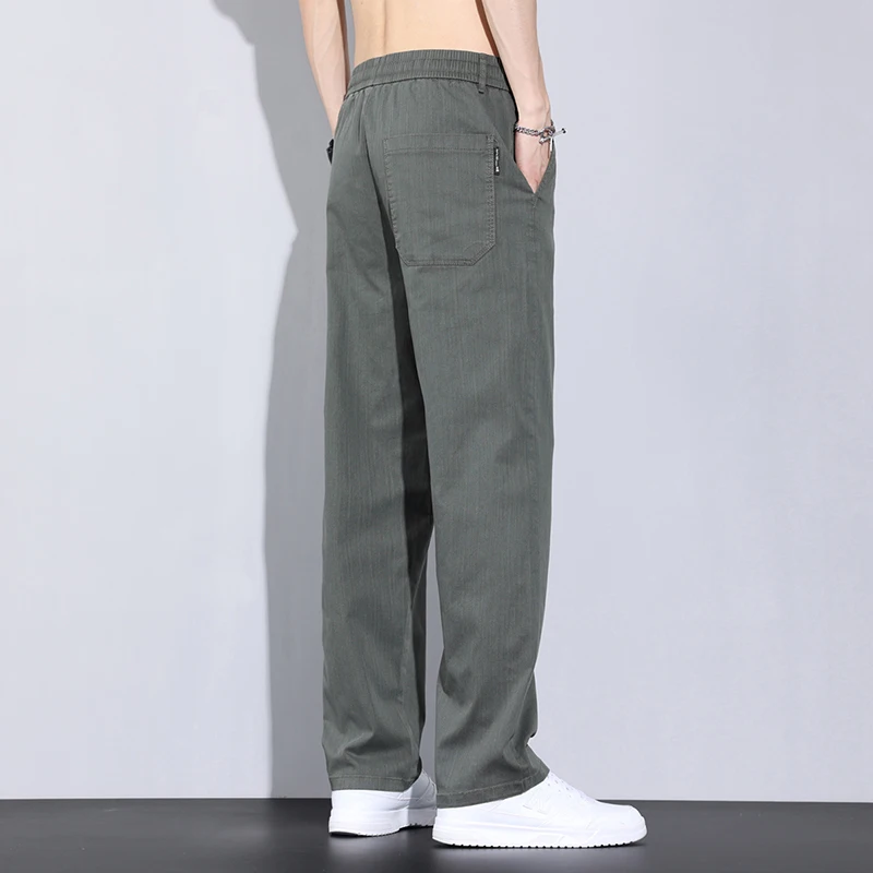 Spring Autumn Men's Clothing Solid Color Elastic High Waisted Pockets Drawstring Bandage Casual Retro Trousers Straight Pants