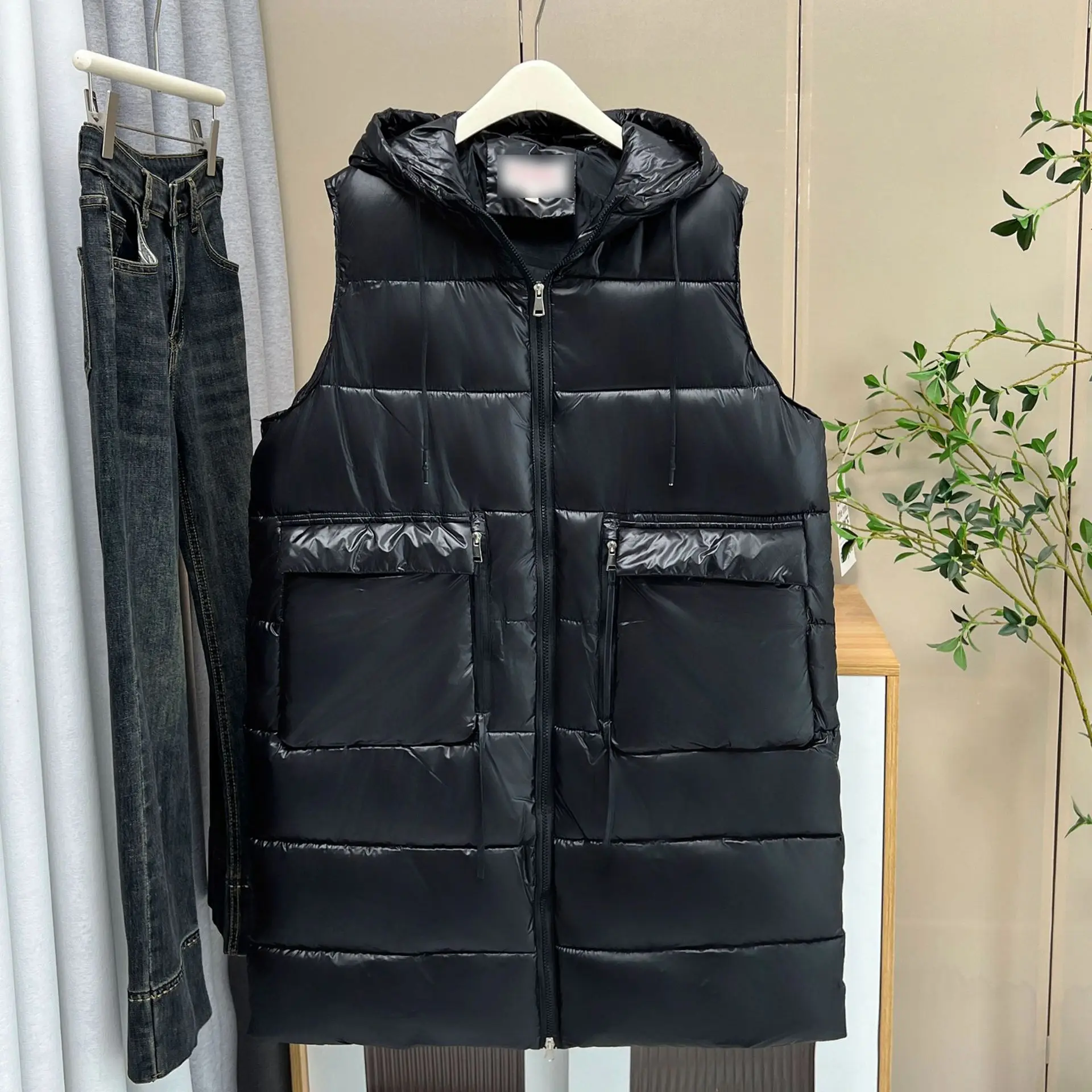 XXXXXL Fashion Plus Size Women's Parka New Winter Style Warm Mid Length Hooded Padded Vest Sleeveless Zipper Long Waistcoat 6879