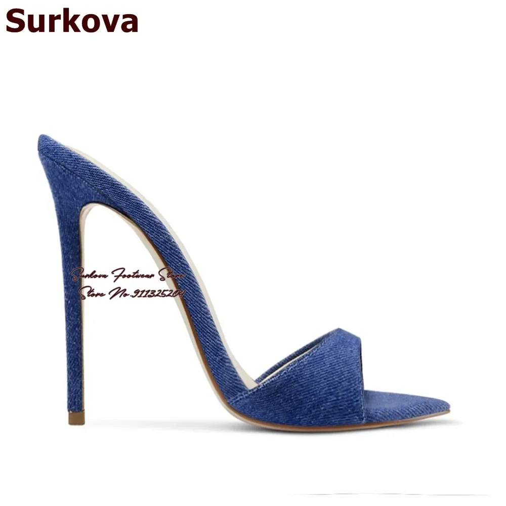 Surkova Blue Denim Sky High Heel Modern Slippers Short Pointed Toe Slip-on Dress Sandals Women Sexy Shallow Party Shoes