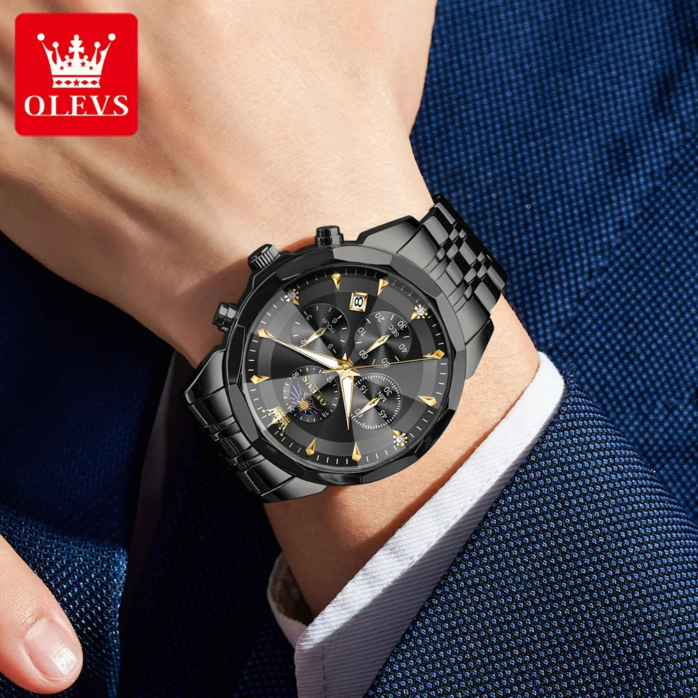 OLEVS 3673 Men's Watch Steel Strap Original Moon Phase Quartz Watch For Men Rhombus Mirror Chronograph Waterproof Man Wristwatch