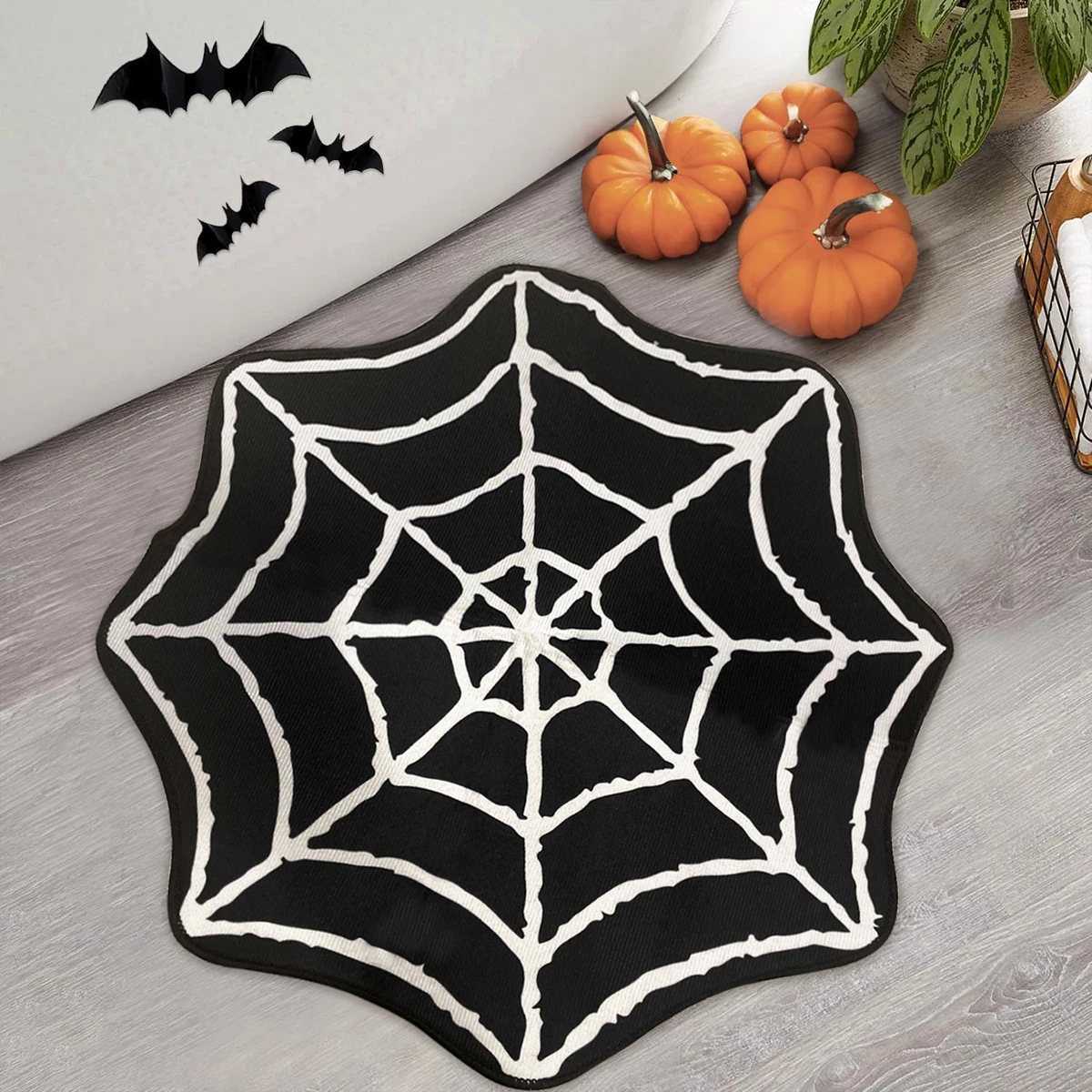 1PC Halloween Party Mat Spider Web Rug Black White Washable Spooky Gothic Rug Non-Slip Spiderweb Accent Rugs for Home Decor