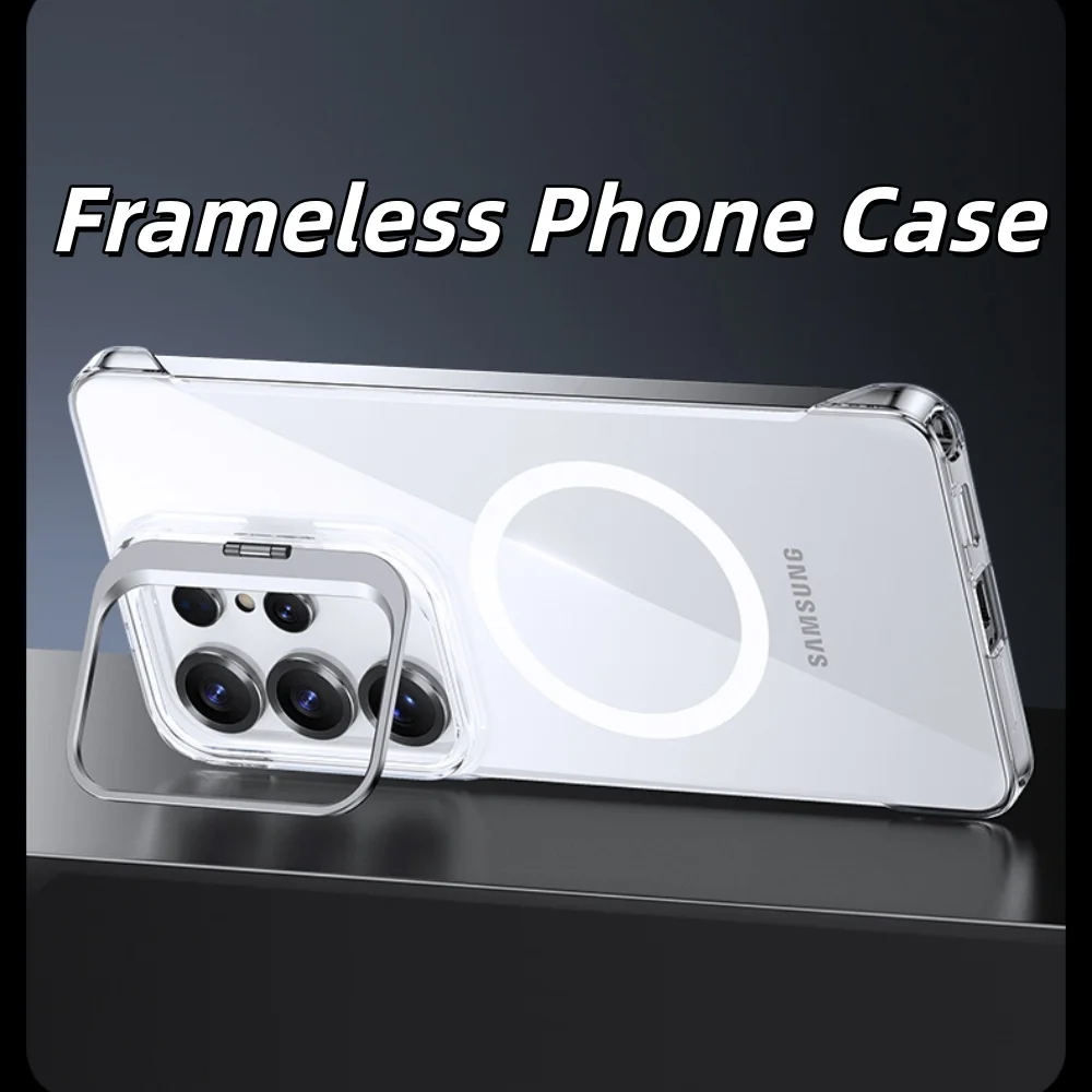 Slim Frameless Clear Magnetic Case with Foldable Camera Stand