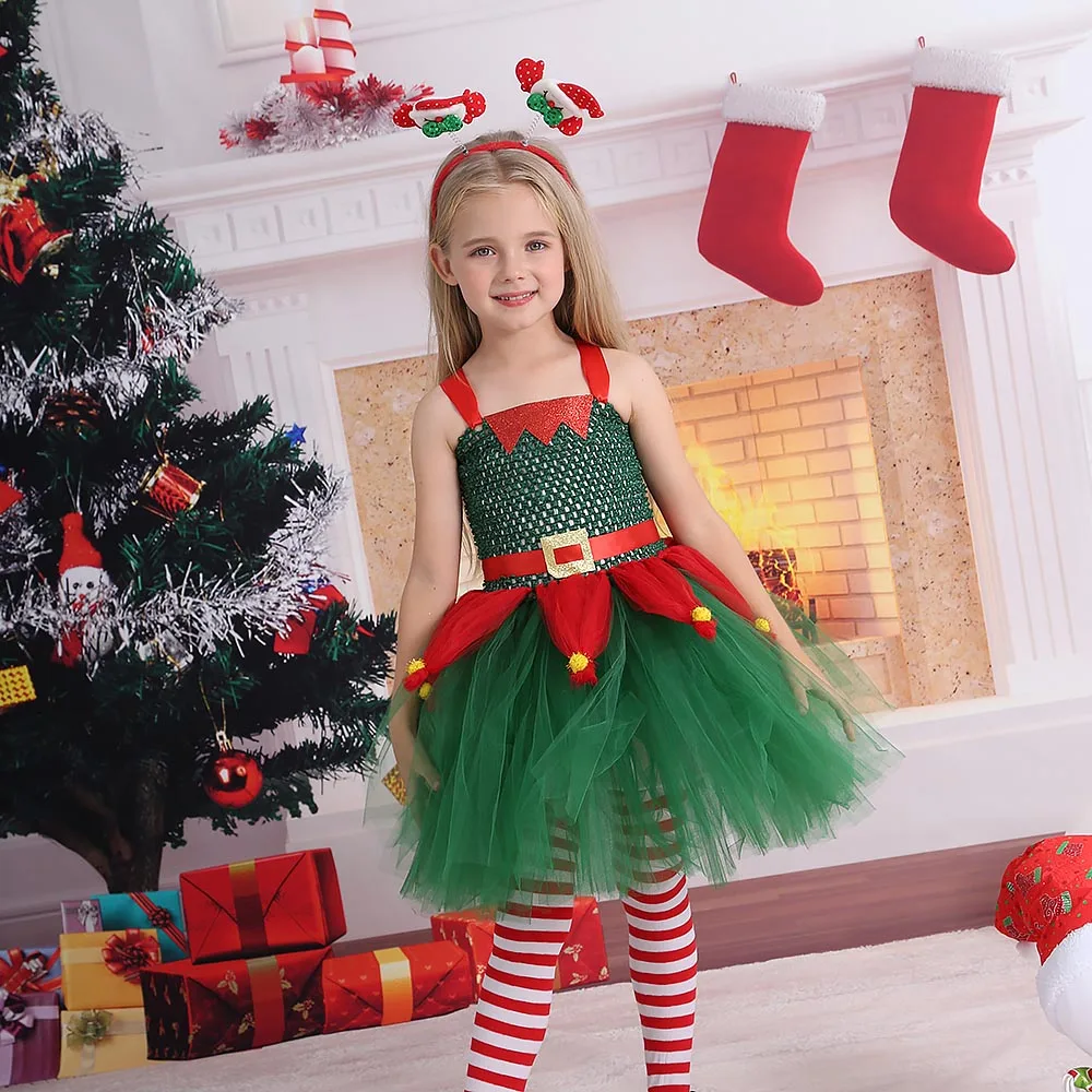Grinch Christmas Tutu Dress Girls Elf Tulle Dress For Christmas Outfits Baby Photo Props Fancy Dress Up Kids Party Dresses