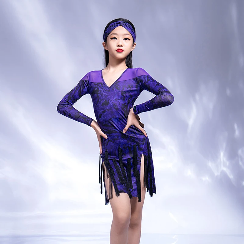 

Latin Dance Clothes For Girls Long Sleeve V-Neck Fringe Skirt Professional Modern Standard Dance Stage Performance Dress DWY8244