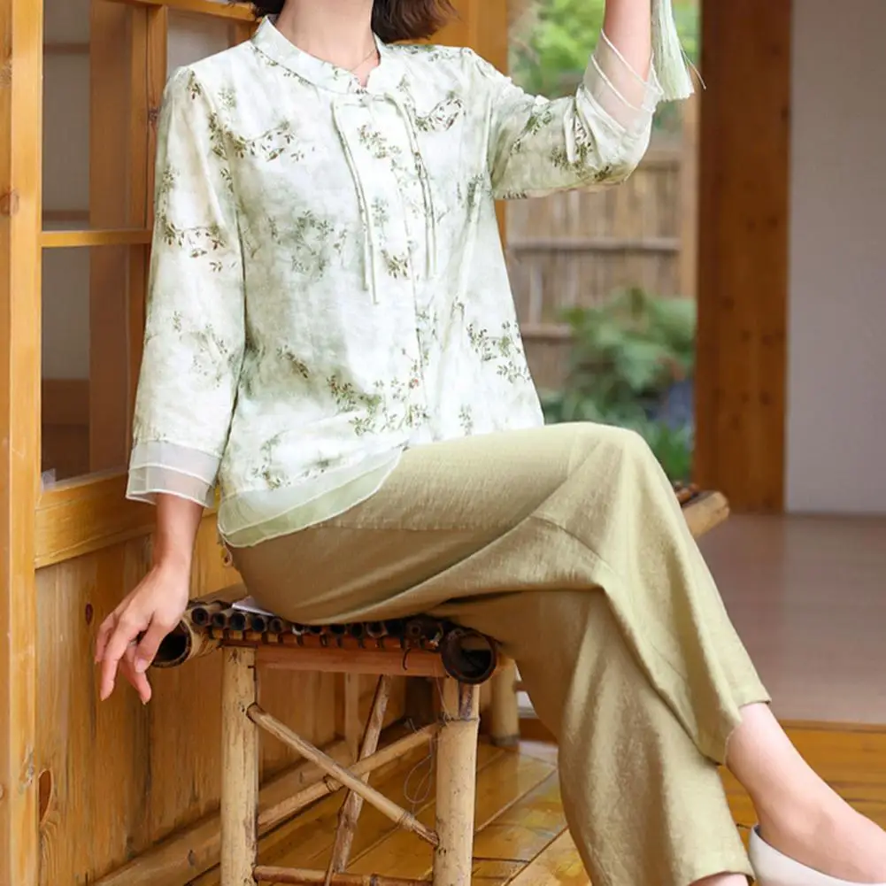 Wide-leg Pants Set Floral Print Chinese Style Women's Suit Plus Size Stand Collar Patchwork Mesh Top Wide Leg Trousers Set Retro