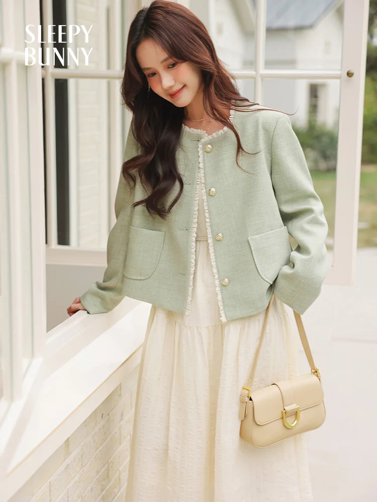 Elegant Slim Short Jacket Round Neck Tweed Coat with Shoulder Pads