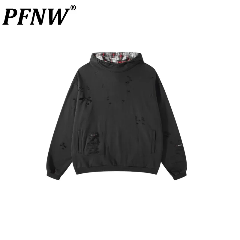 

PFNW Autumn Winter New Tide Chic High Street Patchwork Raw Edge Hoodies For Men Plaid Color Contrast Fashion Sweatshirt 12Z4879