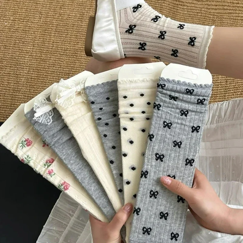 Description Picture 3 of itemJapanese Hollow Out Long Socks Women Girls Lace Sweet Bow Sock Casual Crew Loose Sox Streetwears Summer Thin Mid-tube Stockings