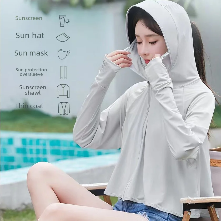 여성용 UV 블랙 글루 맨틀 자외선 차단 옷, 대형 모자, 아이스 실크 후드, 얇은 차가운 느낌, 자외선 차단 재킷, 여름