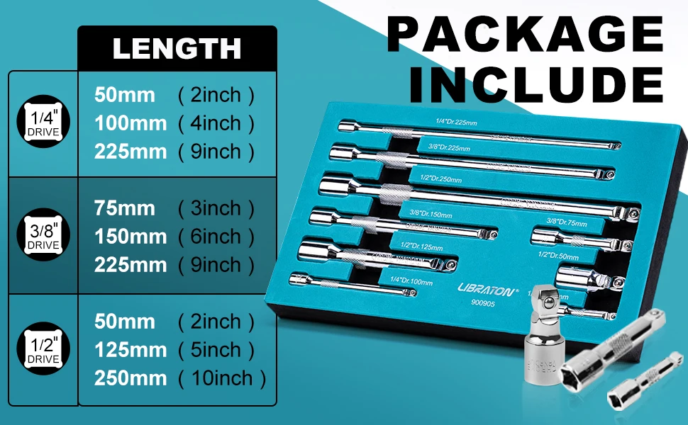 Libraton Wobble Extension Set Socket Extensions Set Ratschenverlängerungen 1/4" 3/8" 1/2" Wobble Extensions Drive Socket Extension – Detail 2