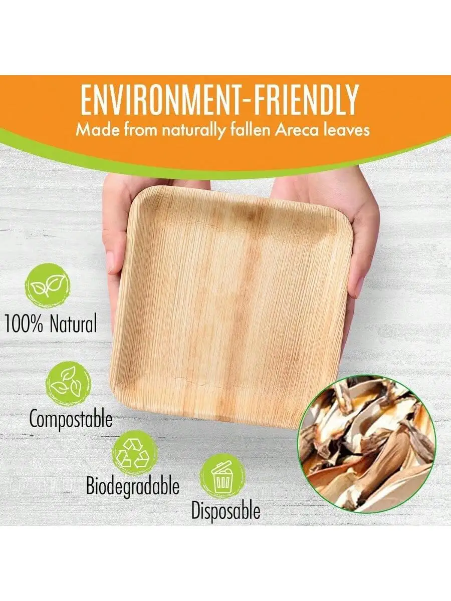 Raj Palm Leaf Plates [50-Pack] 6" Square Plates 6 CASES-300 PACK like Bamboo plates Disposable Strong Decorative Compo