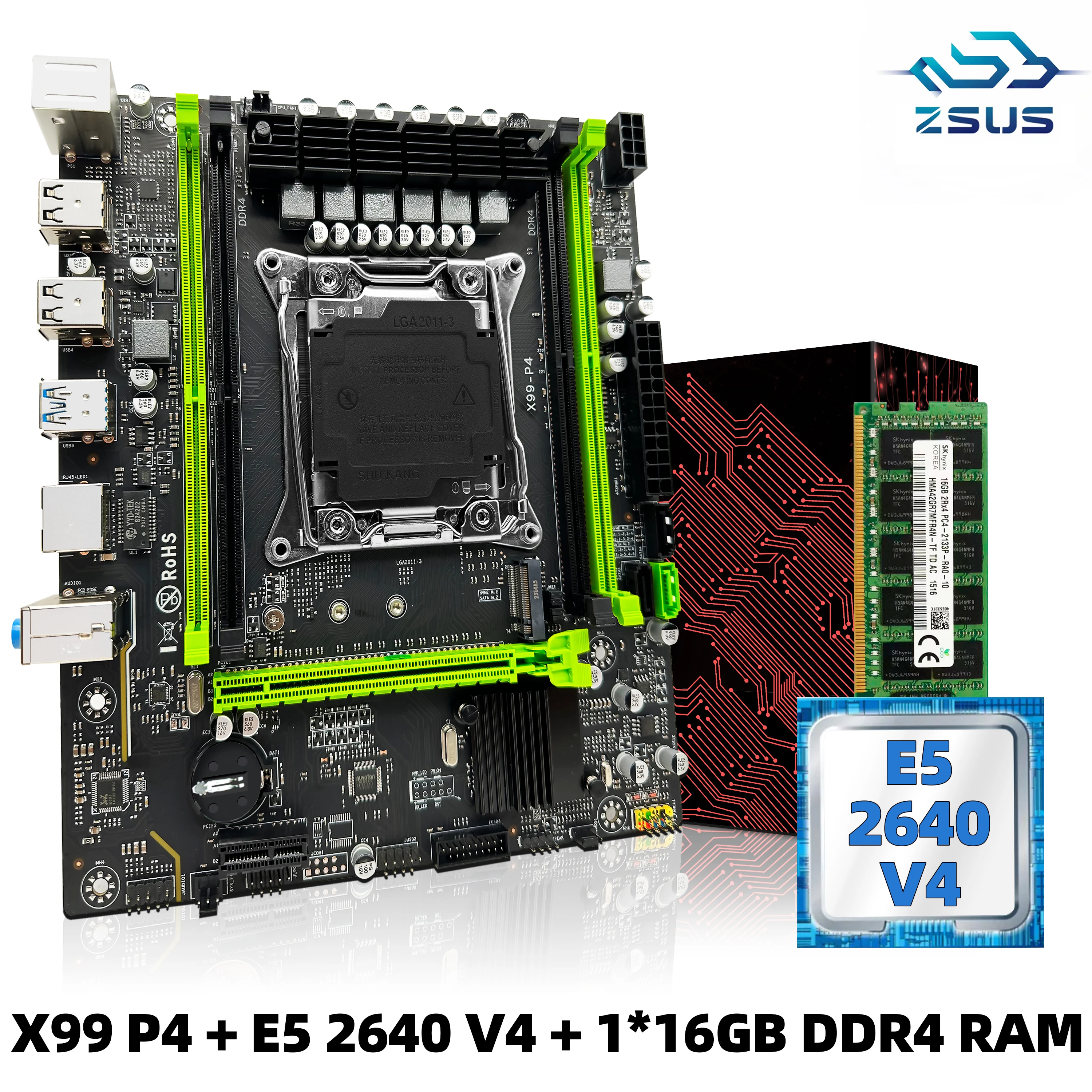 ZSUS-Kit de placa base X99 P4, con Intel LGA2011-3 Xeon E5 2640 V4 CPU DDR4 16GB (1x16GB), memoria RAM de 2133MHZ, NVME M.2 SATA