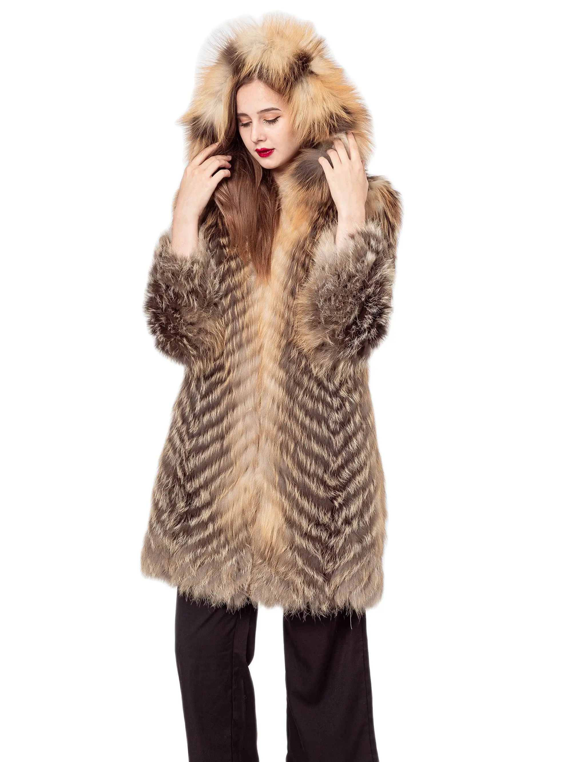 Женское пальто с капюшоном, длинное пальто в полоску с капюшоном из натурального меха Красной лисы, весна-осень 210734