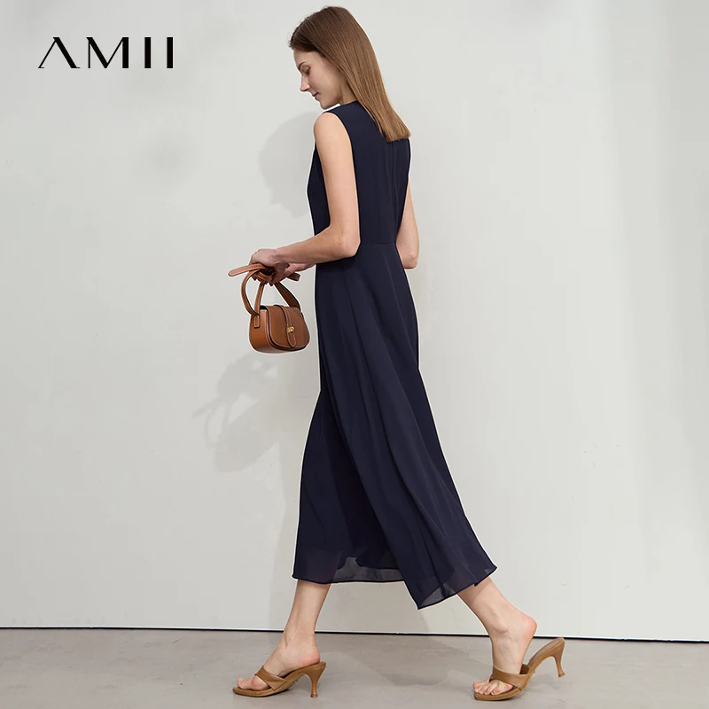 Amii Minimalist Elegant Dress 2025 Summer New Women Office Lady Round Neck  Sleeveless Slim Waist Comfort Long Dresses 12552025 - AliExpress