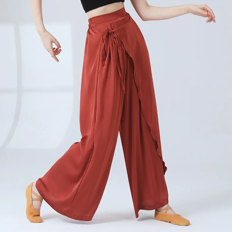 

Women Classical Dance Pant Straight Tube Loose Fitting Wide Leg Trousers Chinese Dance Floating Belt Elegant Solid Culottes Flow