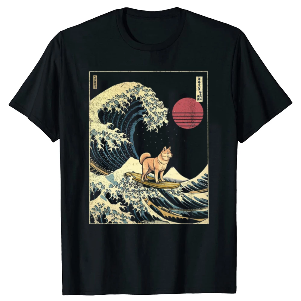 Lustige Shiba Inu Japanische Surfen Welle Grafik T Shirts Männer Baumwolle Humor Streetwear T-shirt Kurzarm Unisex Lose Kleidung