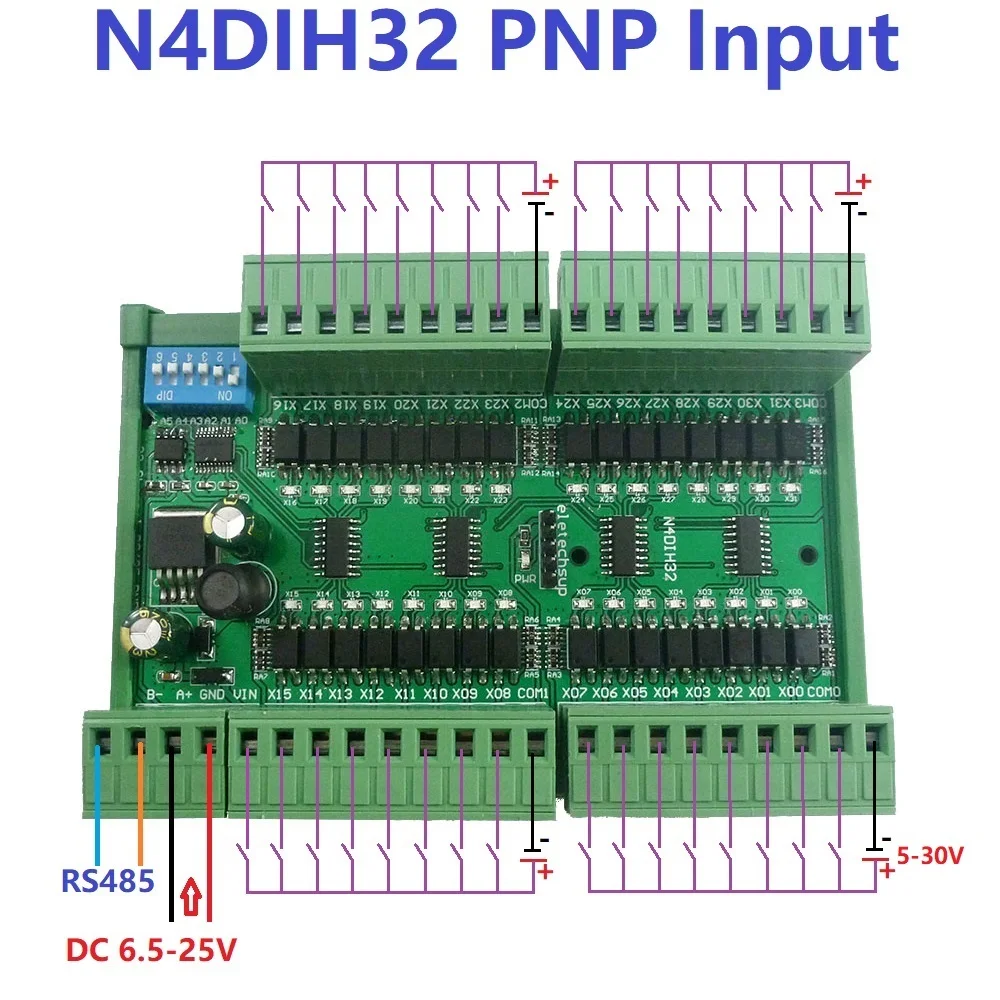 

NPN Isolated Digital 32ch PNP Input RS485 Modbus Rtu Controller DC 12V 24V PLC Switch Quantity Acquisition Board