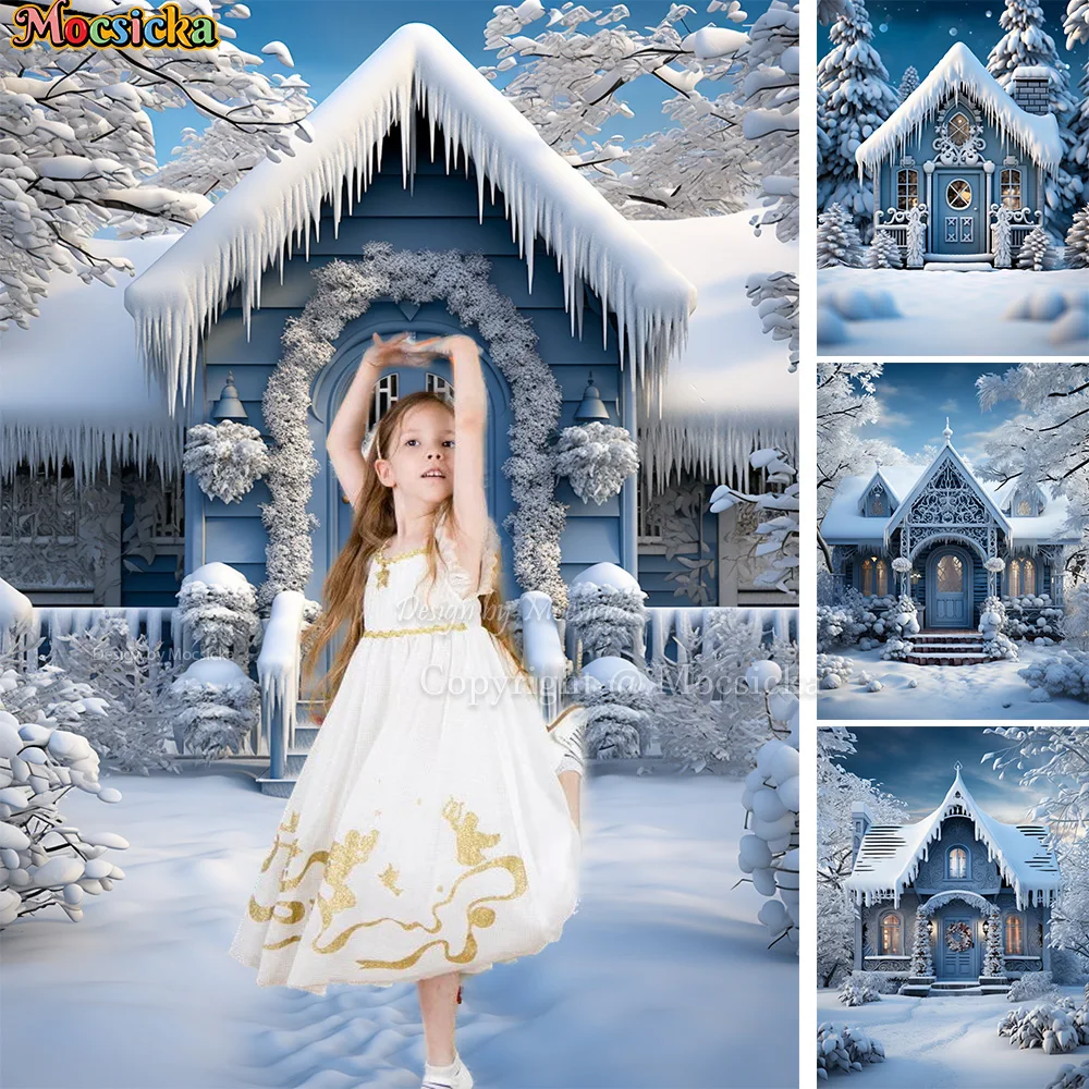 

Mocsicka Winter Frozen Christmas House Backdrop Ice Wonderland Snowy Tree Blue Background Decor Newborn Kid Portrait Studio Prop