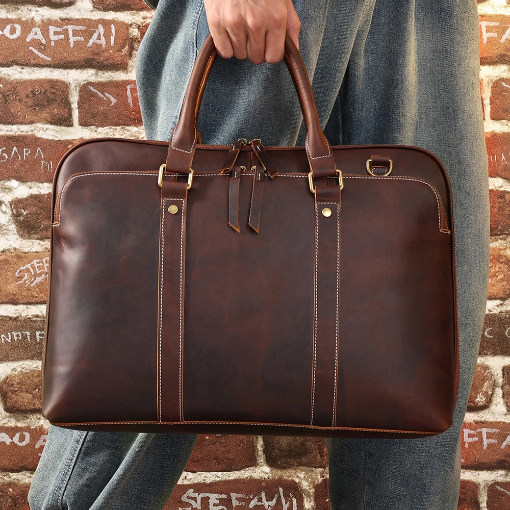 

Crazy Horse Men's Briefcase Multifunctional Retro Shoulder Bag Business Genuine Leather Male Handbag New Style
