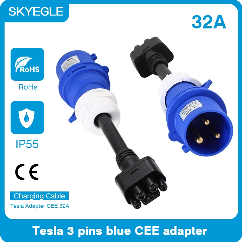 SKYEGLE 3Pins CEE Adapter 250V 32A Gen 2 Ev Charger Extension Cord Connector for Tesla Model Y Outlet Connector Ev Accessoire