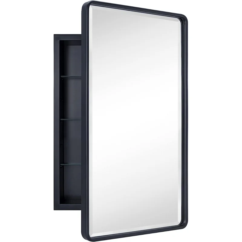 

TEHOME Farmhouse Black Metal Framed Recessed Bathroom Medicine Cabinets with Mirror Rounded Rectangle Medicine Cabinet with Beve