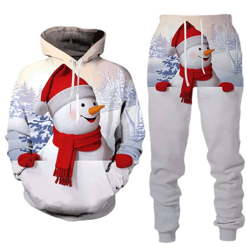 European and American Christmas New Adult Set 3D Snowman Print Hooded Pullover Men's Party Fashion Sweater