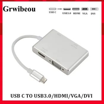 4 in 1 C타입 VGA 어댑터, USB 3.0, HDMI 호환, DVI 4K 어댑터, 썬더볼트 3, 노트북 프로젝터, 맥북, 폰, PC 분배기
