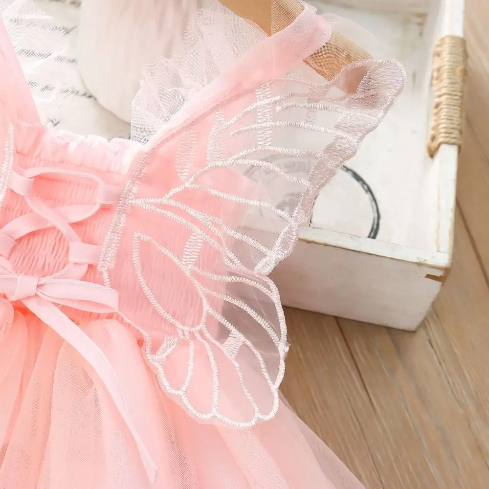 Fashion Lace-up Baby Girl Princess Dress Sleeveless Sweet Baby Girl Bubble Dress Casual Lace Butterfly Wing Pettiskirt Birthday
