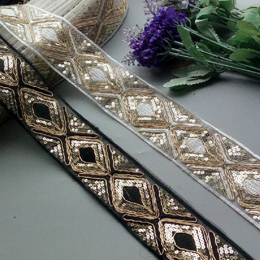 

2 Yards Ethnic Gold Thread Sequins African Lace Trims Geometric Lace Ribbon DIY Sewing Dress Decoration Bridal Lace