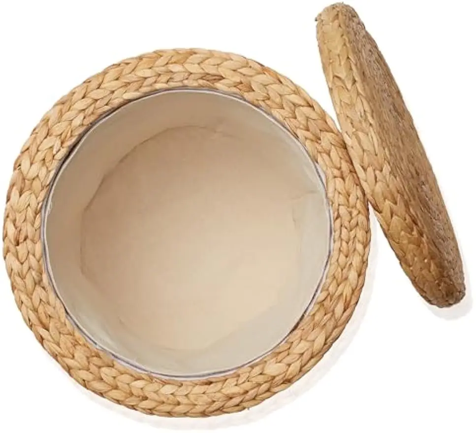 17" Round Storage Ottoman with Lid - Natural, Handwoven Water Hyacinth Footstool for Living Room, Bedroom, Bathroom, Home Office