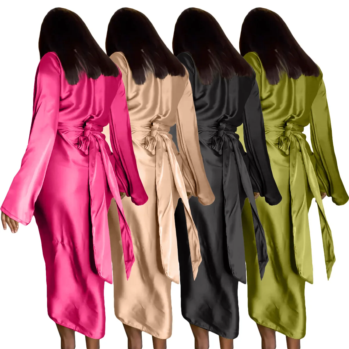 Satin Women 2 Piece Set Elegant Solid Long Sleeve Top Pleated Lace Up Maxi Skirts Matching Set 2023 Fall Winter Vintage Vestidos