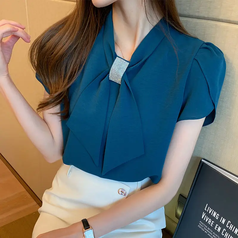 

Fashion V-Neck Short Sleeve Professional White Shirt Female Summer New Bow Chiffon Shirt Women Office Lady Blouse Top