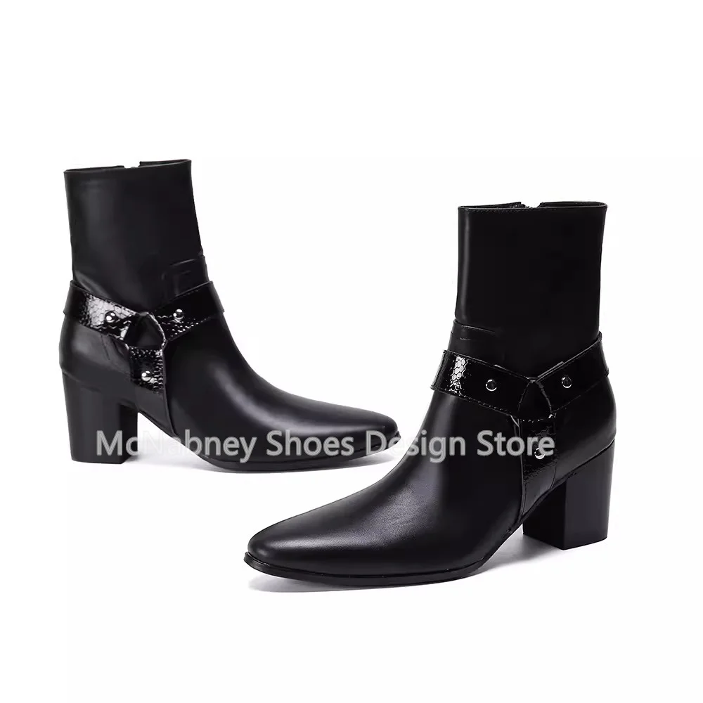 Punk Style Rivet Belt Buckle Decor Men's Mid-Calf Boots Fashion Pointed Toe Chunky Heel Zipper Male Chelsea Boots Dress Shoes