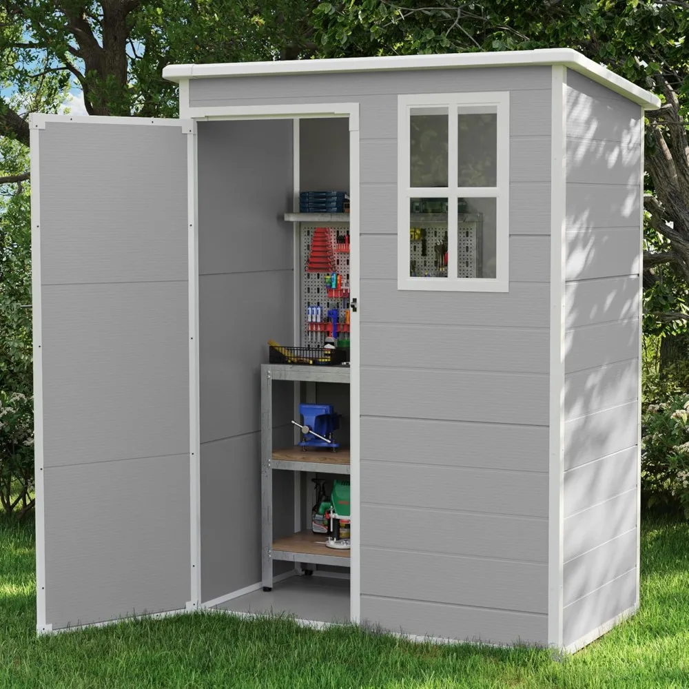 Outdoor Storage Shed 5x3 FT, Plastic Garden Shed , Garbage Can, Tool, Outside Sheds & Outdoor Resin Lockable Door Backyard